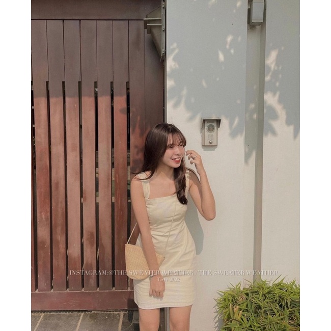 Váy hai dây linen bảng to dáng ngắn chữ A chun sau co dãn dễ thương trơn năng động hằng ngày mùa hè thời trang hàn quốc