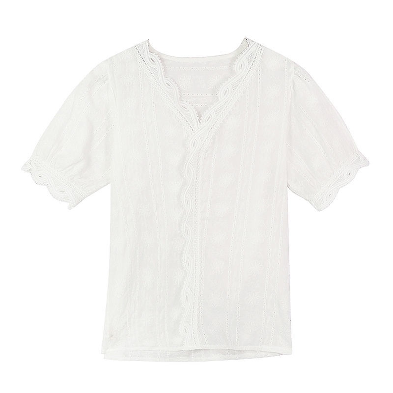 Áo sơ mi RENJIANVSHENG 164525 dáng ôm màu trắng tay ngắn phối ren cổ chữ V phong cách Phương Tây thời trang cho nữ