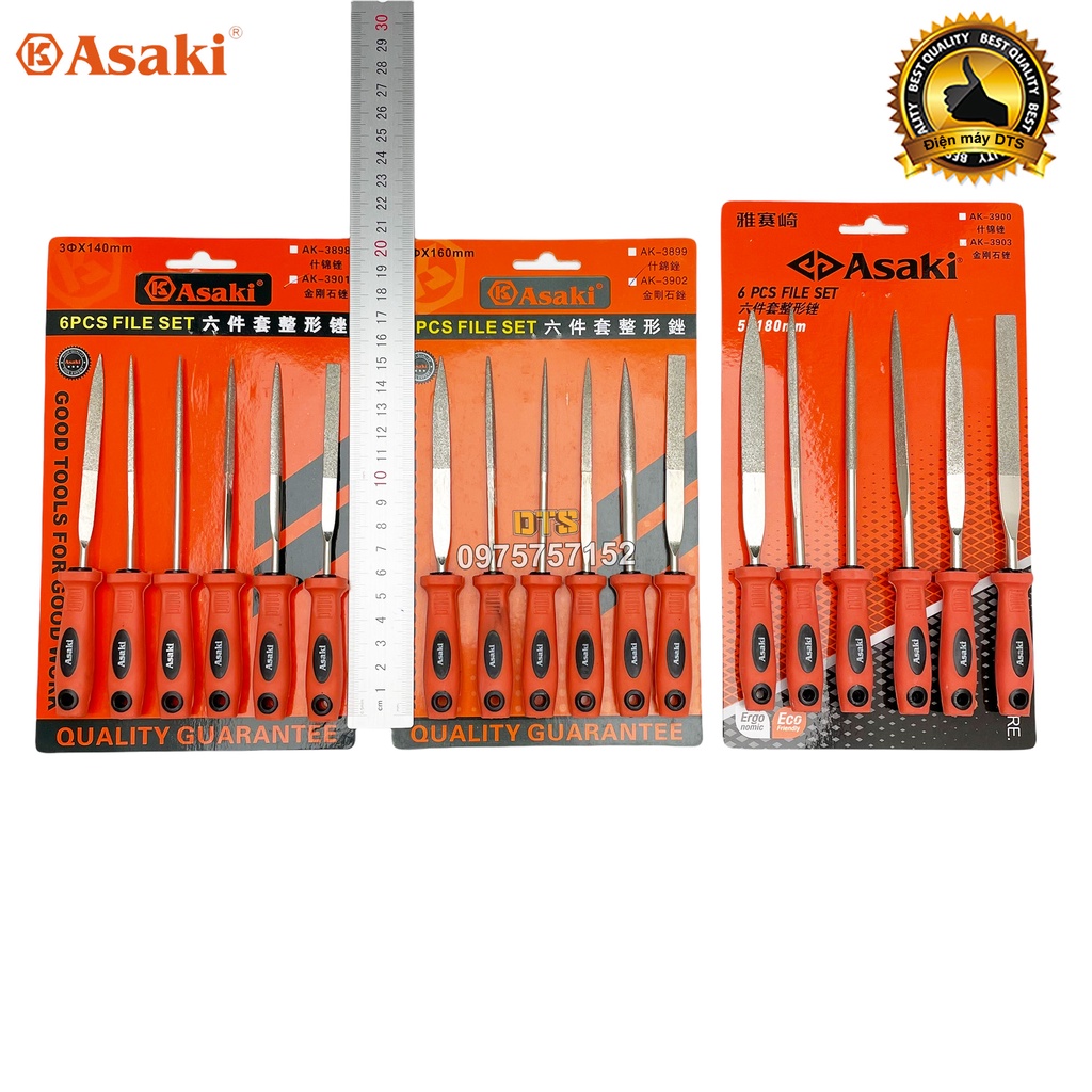 Bộ dũa kim cương mài kim loại đa năng Asaki, bộ 6 giũa mài cao cấp thép carbon T2 chống mài mòn, dũa kim loại mini