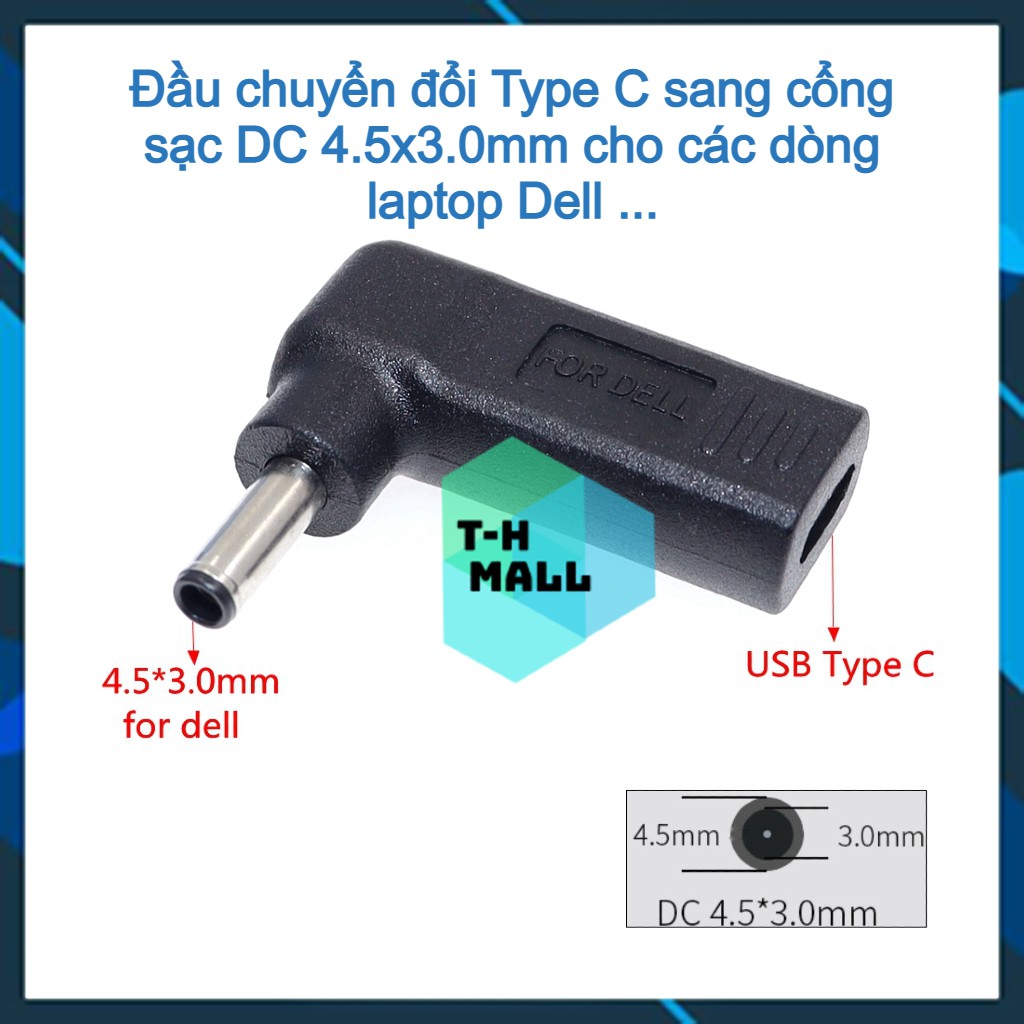 Đầu sạc chuyển đổi cổng USB Type C sang nguồn điện DC 4.5x3.0mm / 4.5*3.0mm chuyên dụng cho laptop Dell HP