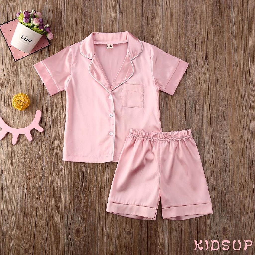 Bộ Đồ Ngủ Pijama Màu Trơn + Quần Satin Co Giãn Có Nút Cài Cho Bé Trai / Gái