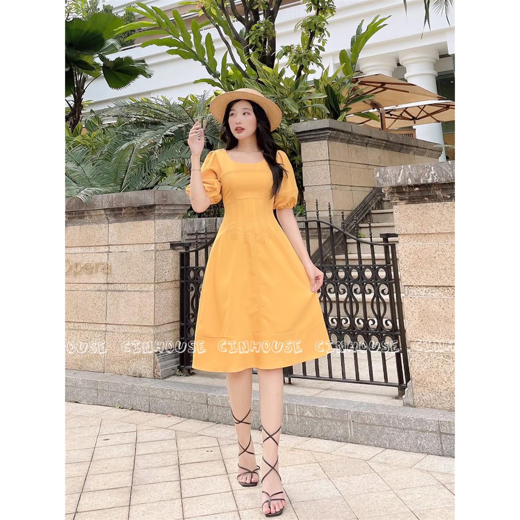 Đầm xòe Ivory 0211 tay phồng chỉ nổi sành điệu Cin House