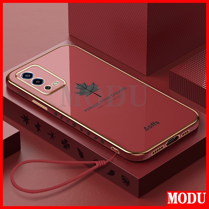 Ốp Điện Thoại Mềm Hình Vuông Mạ Họa Tiết Lá Phong Có Dây Đeo Cho OPPO A55 4G