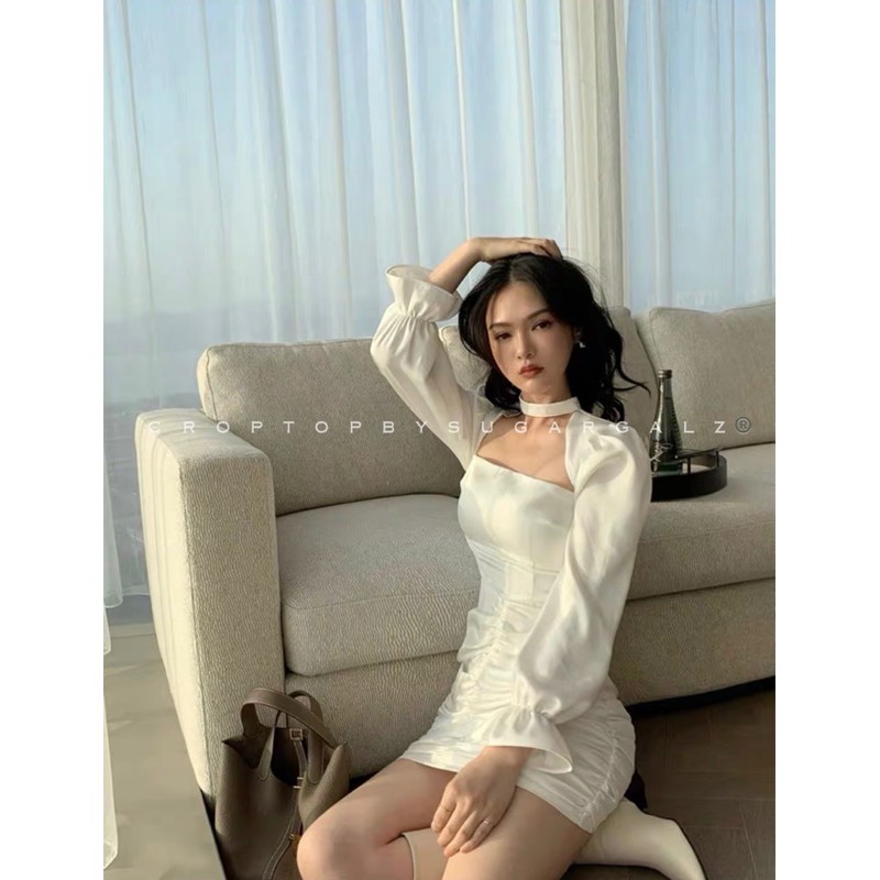 Váy đầm cổ vuông kèm choker tay bồng bèo nhún hông - by SugarG | BigBuy360 - bigbuy360.vn