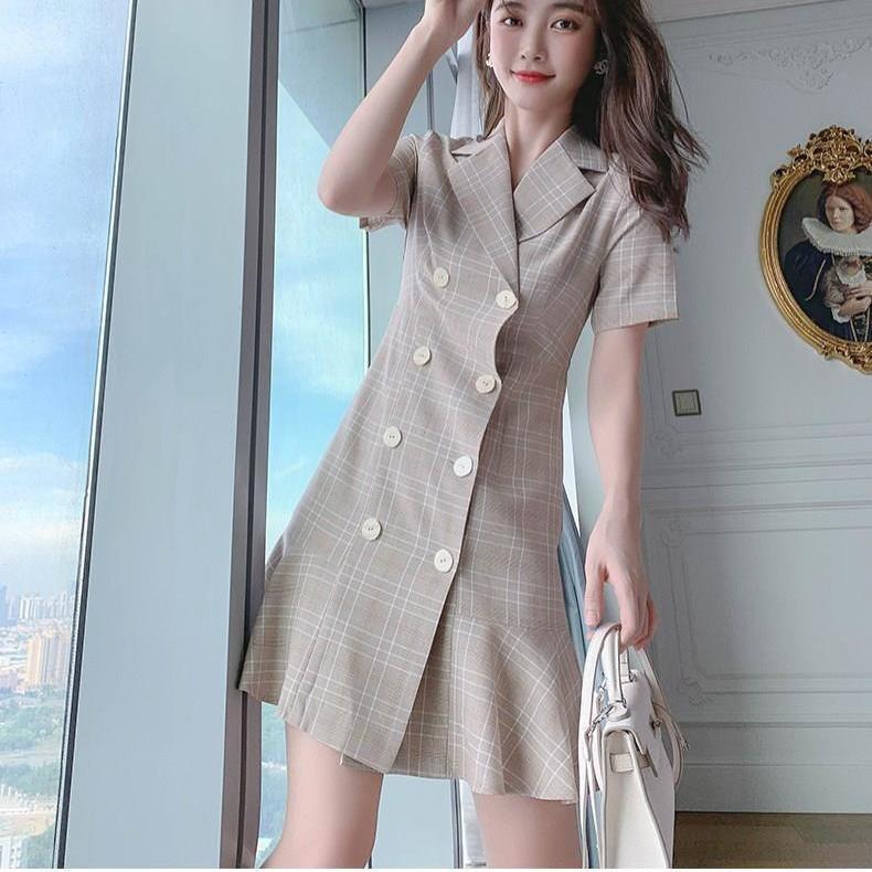 Đầm nữ cổ bẻ họa tiết Caro thời trang nữ dễ thương | BigBuy360 - bigbuy360.vn