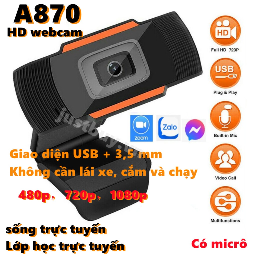 Webcam A870 HD USB cho máy tính giảng dạy trực tuyến 480p 720p 1080p có kết nối micrô