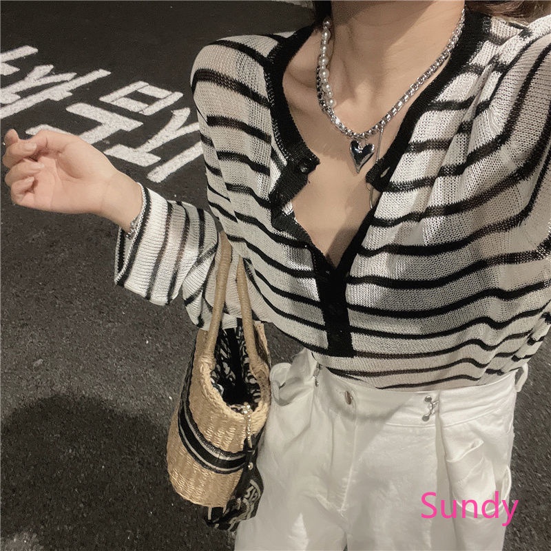 Áo Sơ Mi Tay Dài Họa Tiết Sọc Trắng Đen Thời Trang Cho Nữ