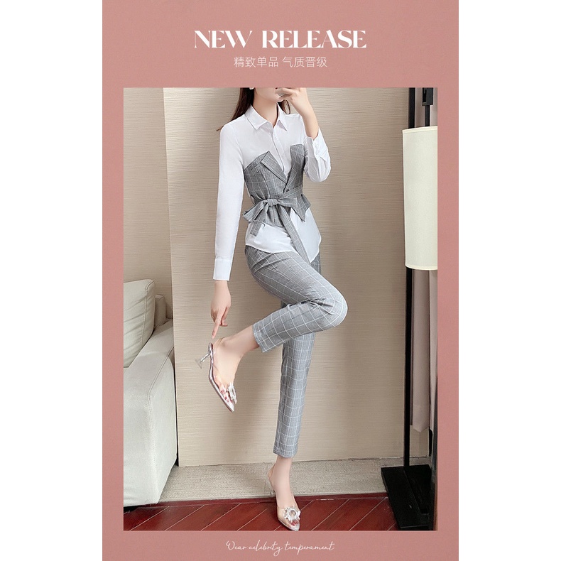 Bộ Áo Sơ Mi Tay Dài Kẻ Sọc + Quần Skinny Kẻ Sọc 5 Màu Tùy Chọn