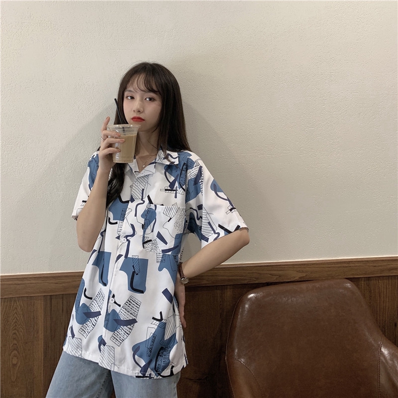 SUXI Áo Sơ Mi Tay Ngắn Cổ Chữ V Hoạ Tiết In Phong Cách Vintage Cá Tính