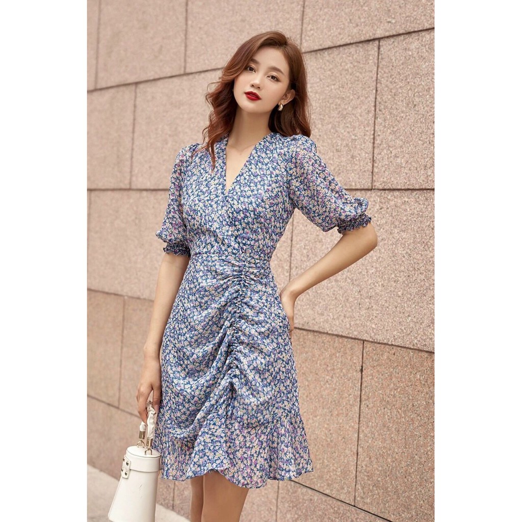 ĐẦM HOA VOAN CỔ ĐẮP CHÉO DÂY RÚT NHÚN THÂN - HÌNH CHỤP THẬT