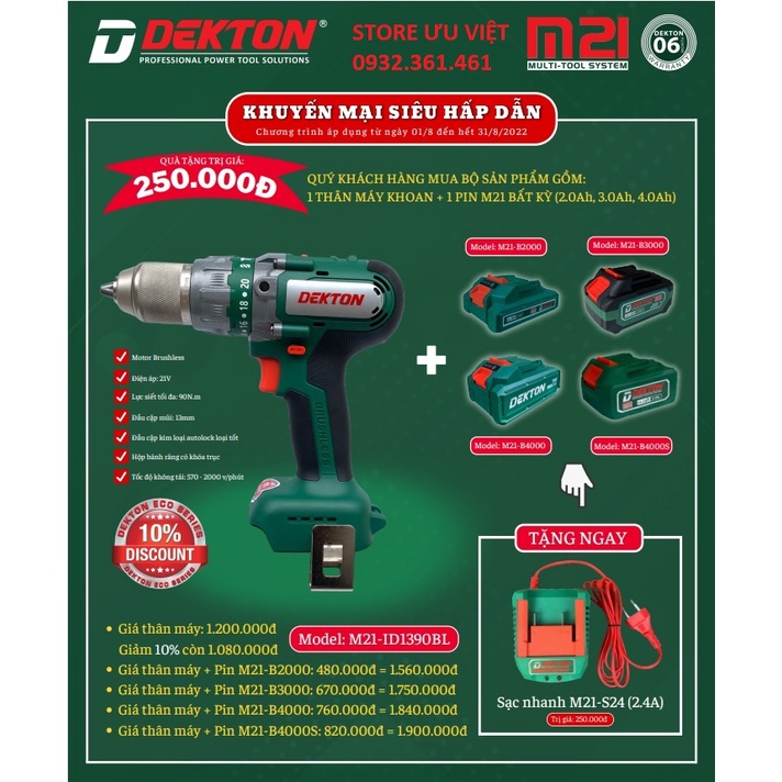 MÁY KHOAN PIN DEKTON M21-ID1390BL ĐẦU AUTOLOCK 13MM
