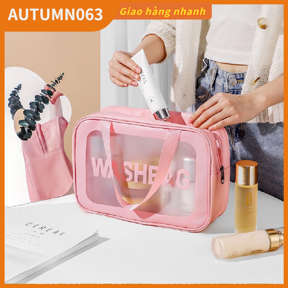 Túi đựng đồ trang điểm thoáng khí Nhẹ nhàng xách tay Túi rửa mỹ phẩm trong suốt cho phụ nữ / cô gái Lớn vừa màu hồng Autumn063