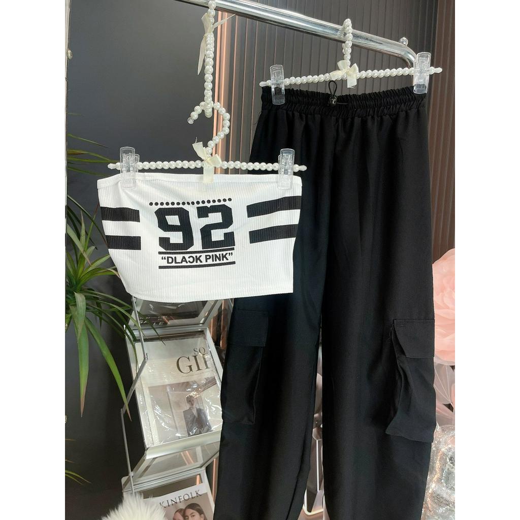 Set đồ nữ đi chơi cực xinh với set 2 món quần jogger lưng thun kèm áo ống kiểu tôn dáng kèm hình thật