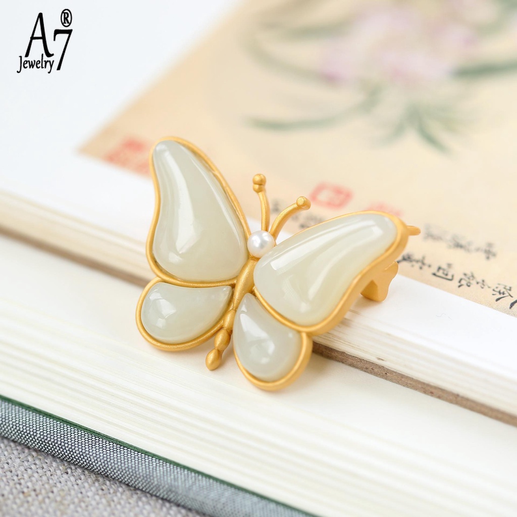 Ghim Cài Áo Hình Bướm Bằng Ngọc Bích Trắng S925 Mạ Vàng 18K Chống Thấm Nước Phong Cách Vintage