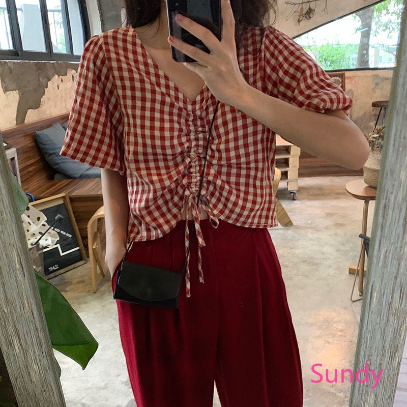 Áo Croptop Cổ Chữ V Kẻ Sọc Caro Phối Dây Rút Phong Cách Hàn Quốc Cho Nữ