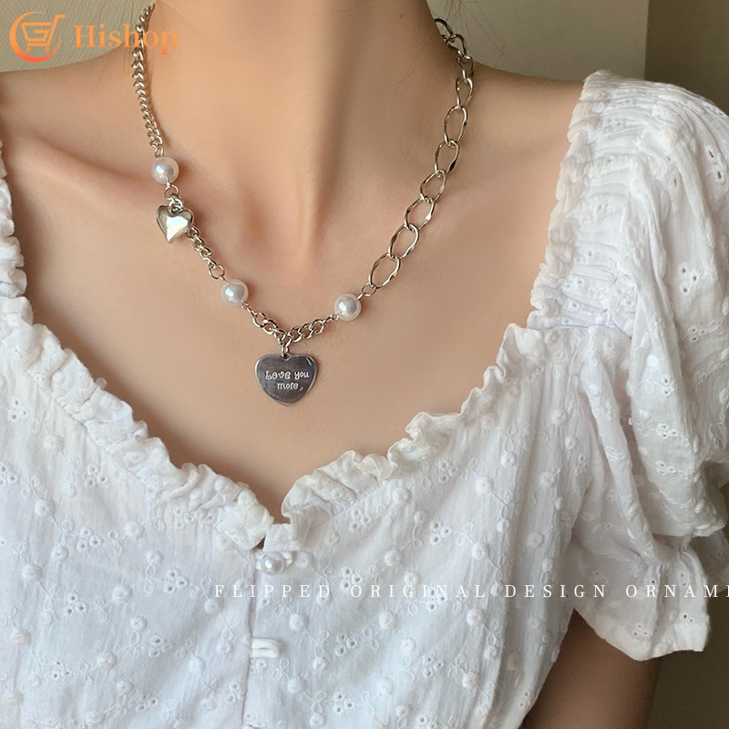 Vòng cổ ngọc trai nối mặt hình trái tim màu bạc thời trang cho nữ