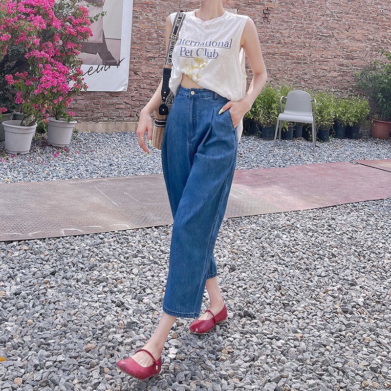 Quần Jean Ống Rộng Lưng Cao Phong Cách Hàn Quốc
