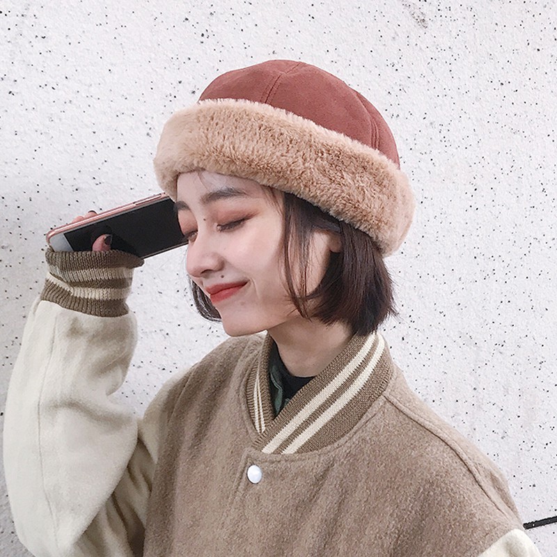 Mũ Beret Da Lộn Phối Lông Cừu Mềm Mại Thời Trang Thu Đông Phong Cách Nhật Bản Cho Nữ