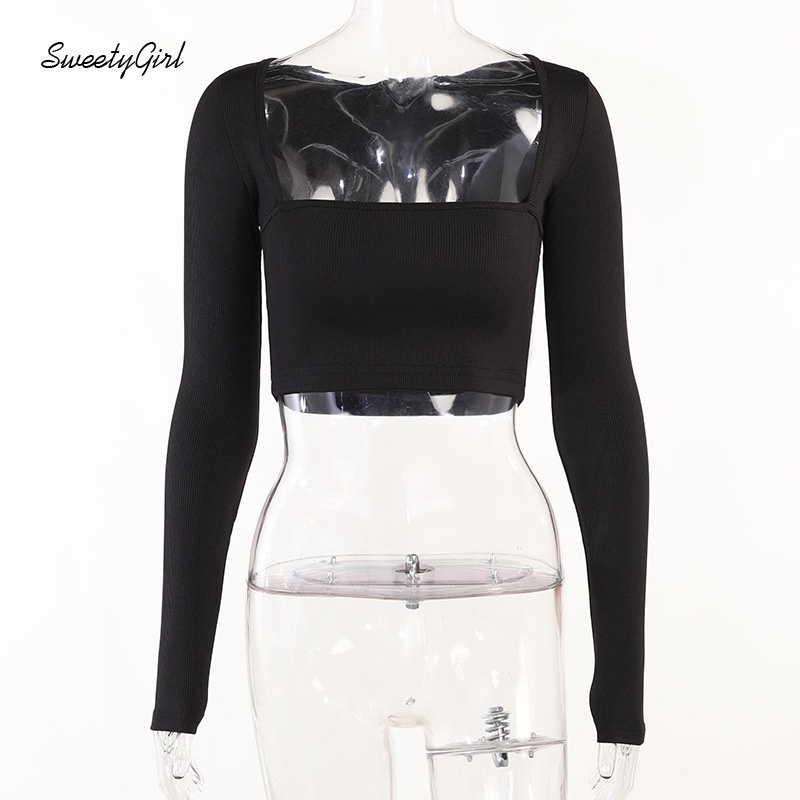 Áo Croptop Cổ Vuông Tay Dài Màu Trơn Thời Trang 2022 Quyến Rũ Cho Nữ