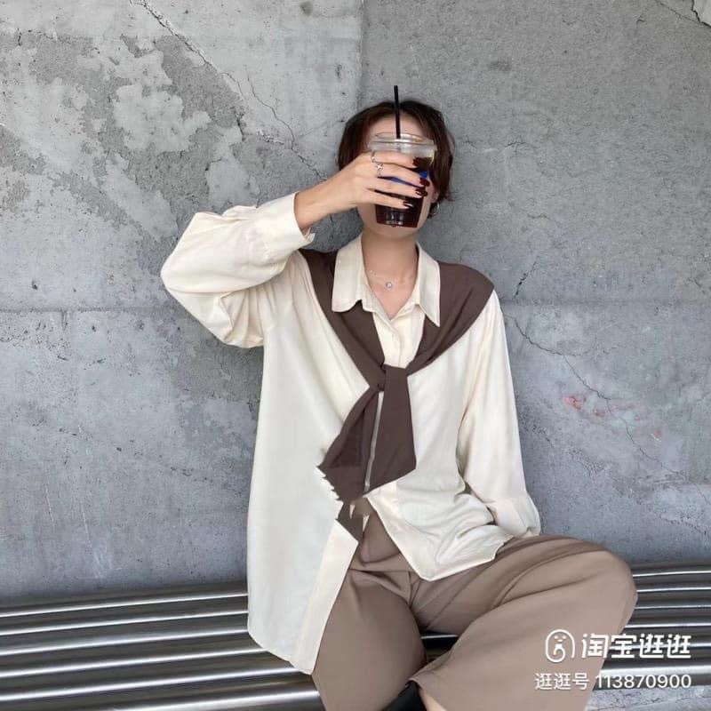 Áo sơmi dài tay phối khăn phong cách Hàn Quốc