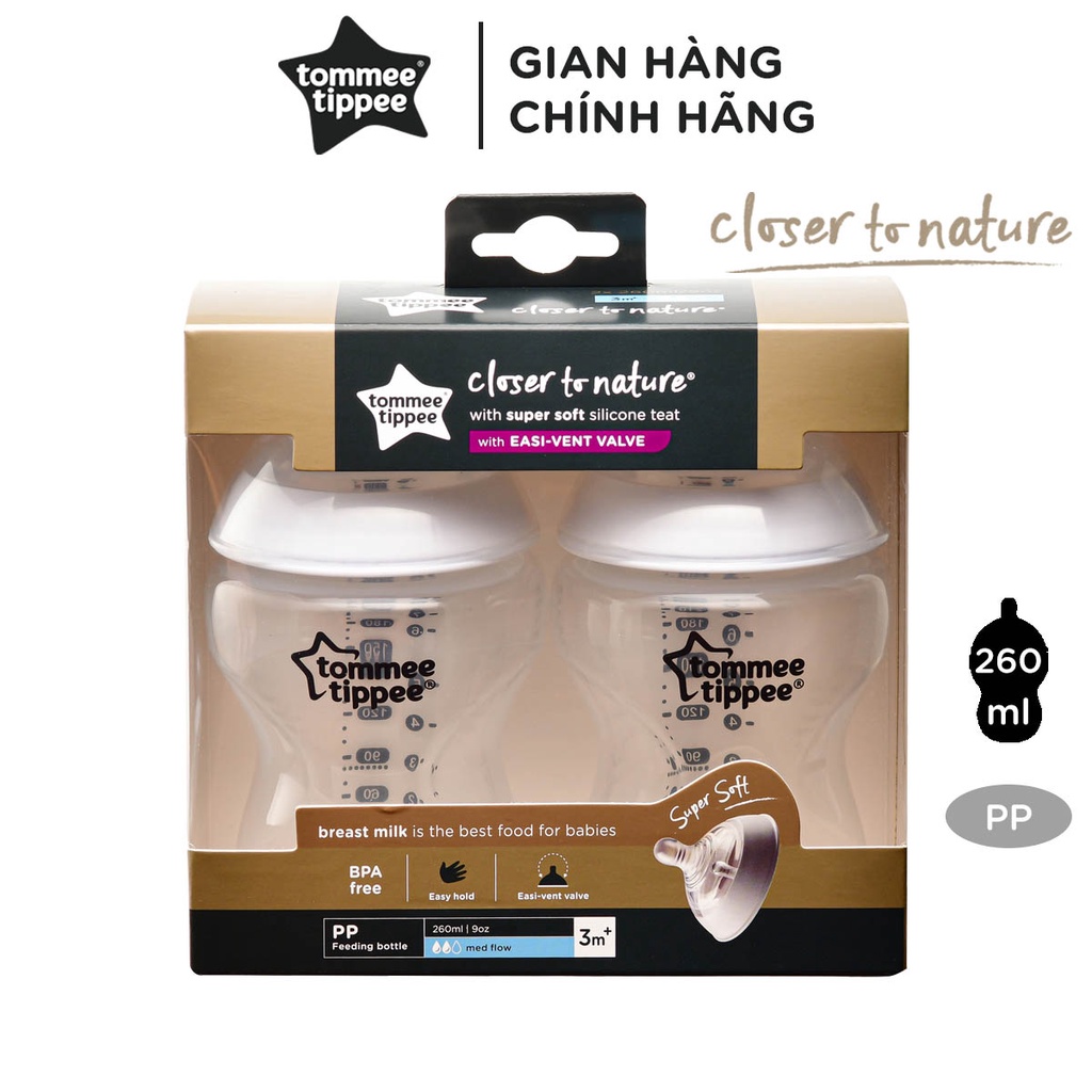 Bình sữa ty siêu mềm tự nhiên Tommee Tippee Closer to Nature 260ml, núm ty đi kèm 3-6 tháng (bình đôi)