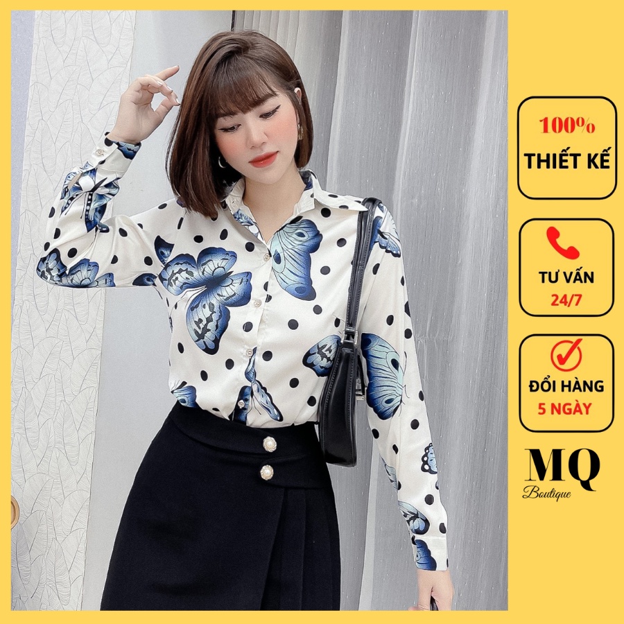 Áo sơ mi nữ lụa dài tay cao cấp công sở họa tiết con vật xanh chấm bi đen nền trắng , áo sơ mi thiết kế MQ Boutique