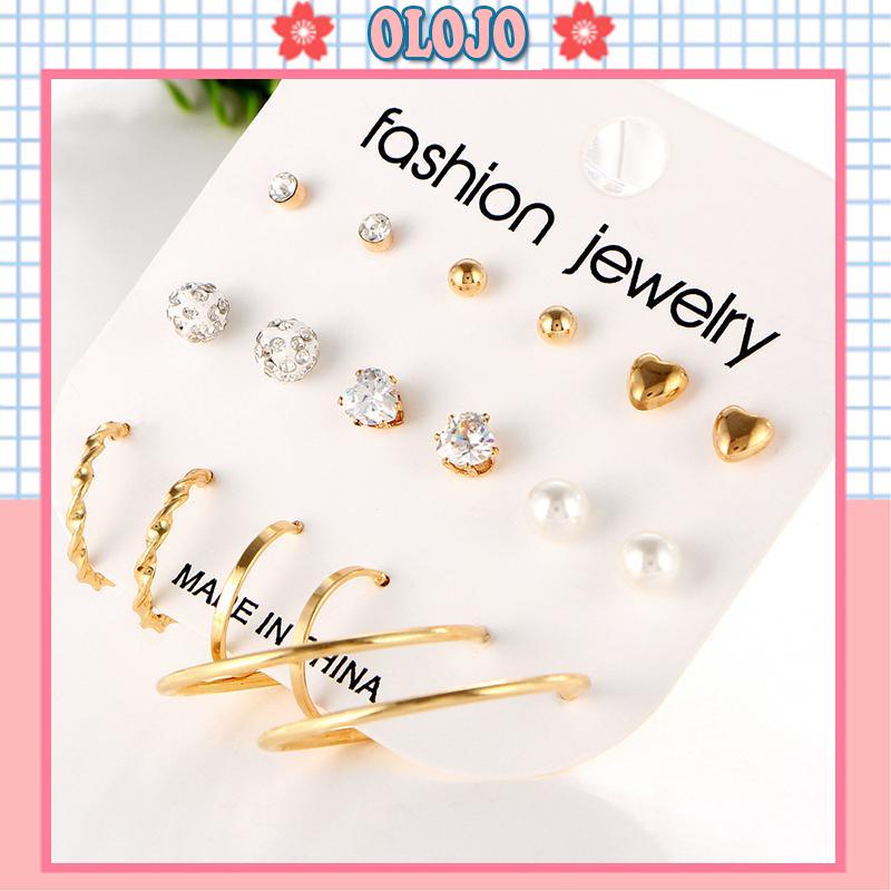 (OLOJO.vn) Bộ 9 Bông Tai Kim Loại Cỡ Lớn Đính Pha Lê Cho Nữ