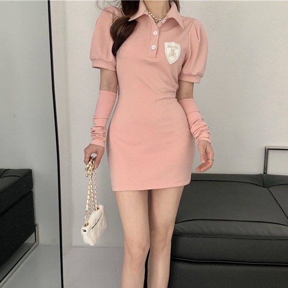 Đầm Ngắn Ôm Eo Tay Phồng Cổ Polo Thời Trang Mùa Hè Dành Cho Nữ