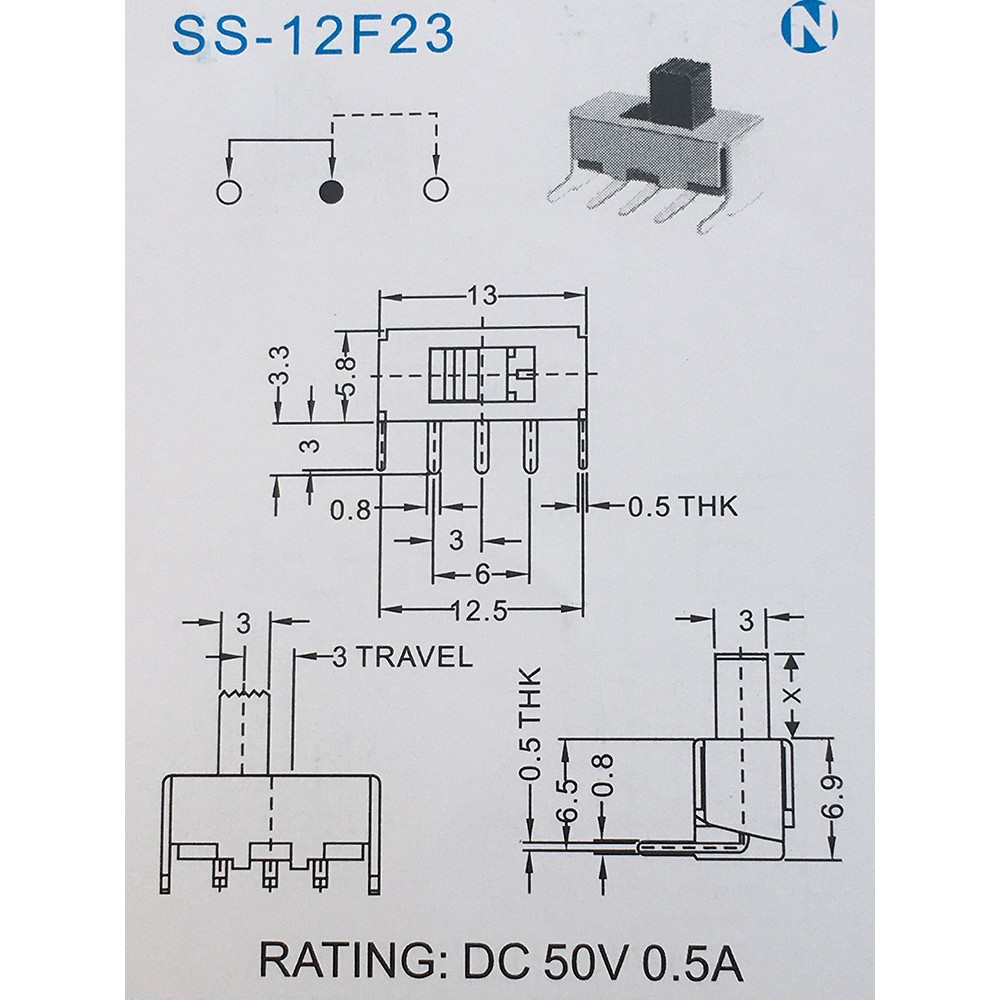 Set 10 công tắc gạt SS12F23 SS12F23VG5 0.5A 50V 1P2T 3 chân nối cong 90 độ