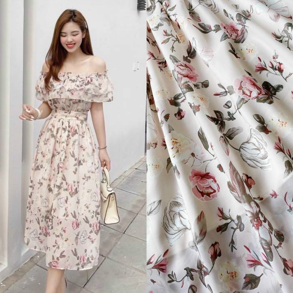 Váy đầm hoa bèo ngực trễ vai ôm eo thiết kế năng động trẻ trung phù hợp mọi phong cách