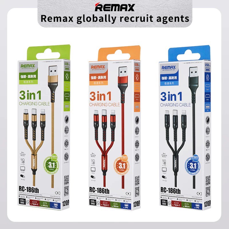 Cáp sạc nhanh 3.1 Remax 186 Cho Ip 3 in 1 dài 1.2m