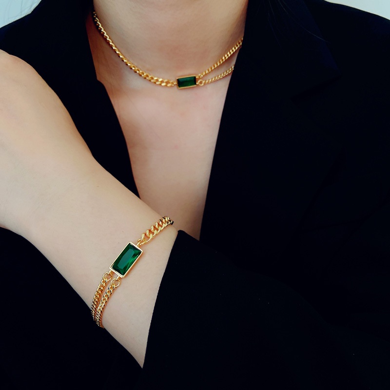 Bộ Vòng cổ + Bông Tai + Vòng Tay Hợp Kim Đính Đá Zircon Màu Xanh Lá Thời Trang Cho Nữ
