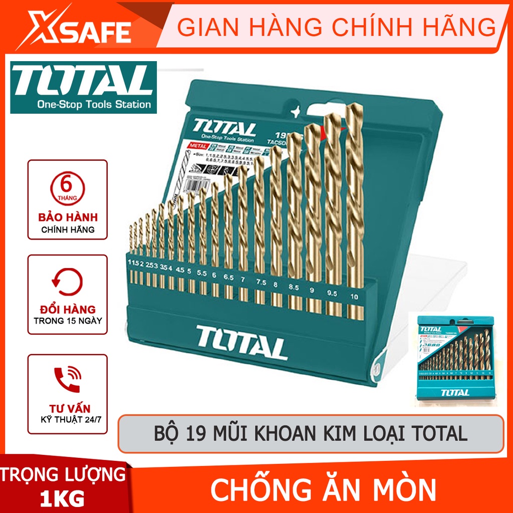 Bộ 19 mũi khoan hss TOTAL TACSD0195 Combo mũi khoan kim loại 19 mũi kích thước 1-10mm, mũi khoan hợp kim thép bền bỉ