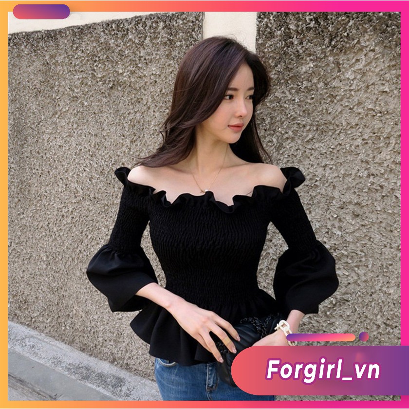 Áo trễ vai tiểu thư Forgirl tay xoè chun ngực chất thô cao cấp
