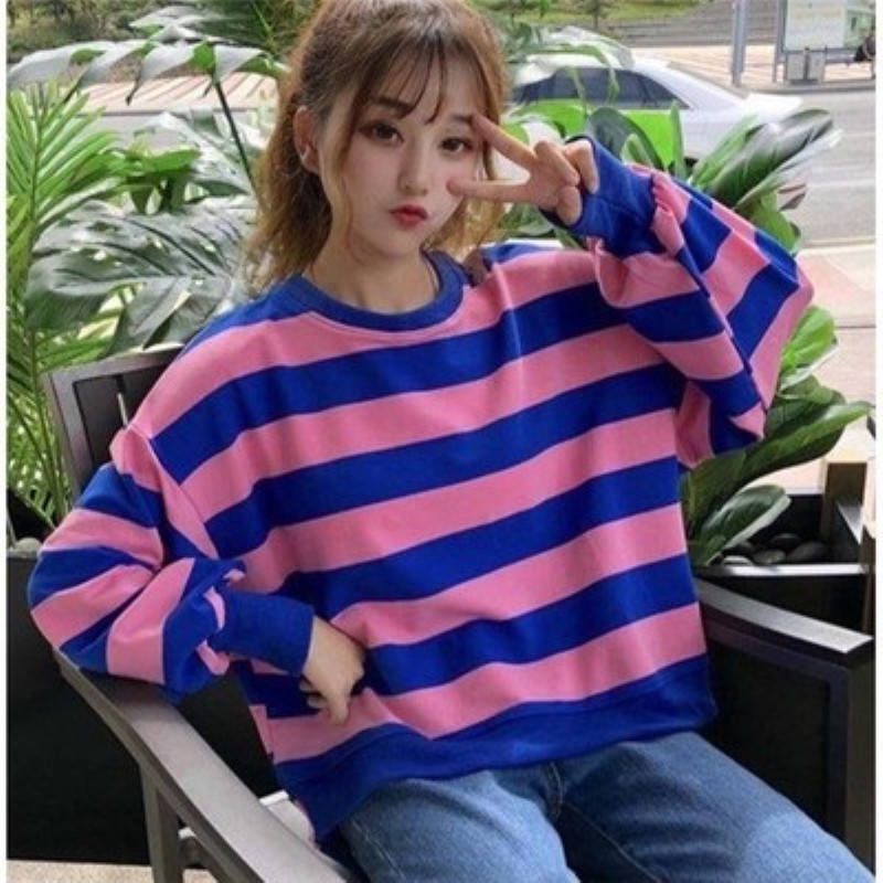 Áo Sweater Mỏng Dáng Rộng Tay Dài Kẻ Sọc Kiểu Harajuku Hàn Quốc Thời Trang Cho Nữ 200