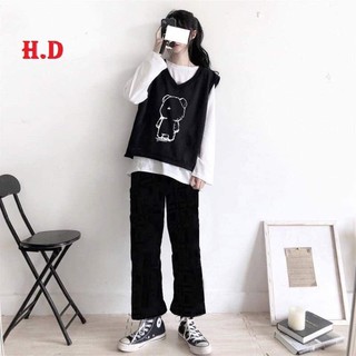 Set áo ghi lê in gâu áo thun trắng dài tay + quần ống rộng đen