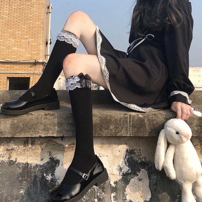 Vớ cotton cao đến đầu gối viền nhún bèo đính nơ màu trắng/đen phong cách lolita nhật bản ngọt ngào cho nữ