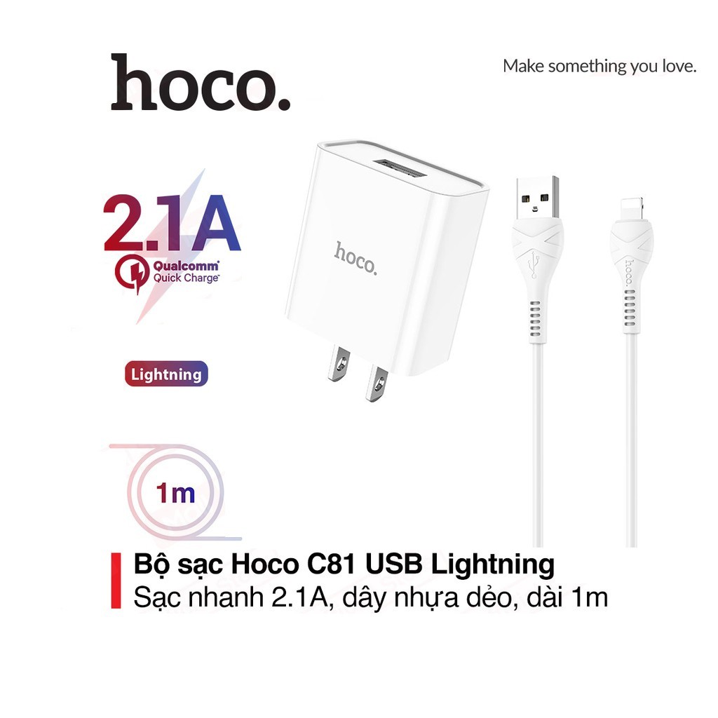 Bộ sạc nhanh 2.1A Hoco C81 chuôi dẹt kèm dây sạc dài 1M cho ip/tablet táo