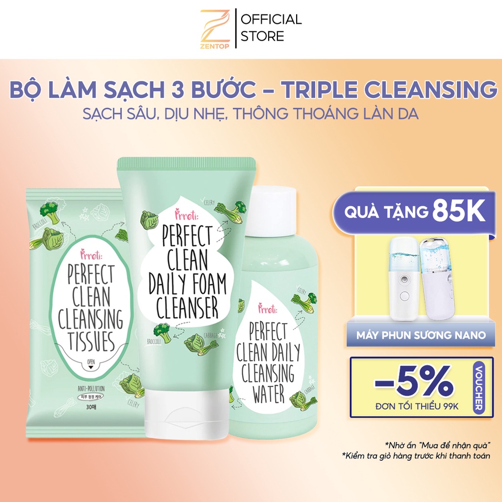 Bộ sản phẩm làm sạch 3 bước - Prreti Triple Cleansing khăn tẩy trang nước tẩy trang sữa rửa mặt làm sạch da tự nhiên