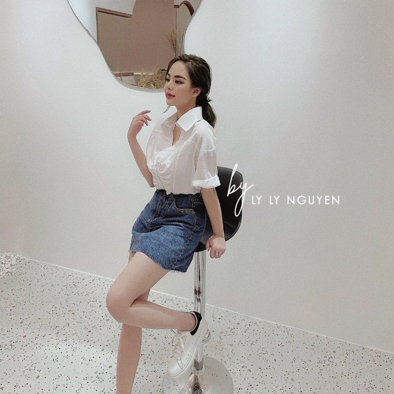 Set áo trắng + chân váy jean form A