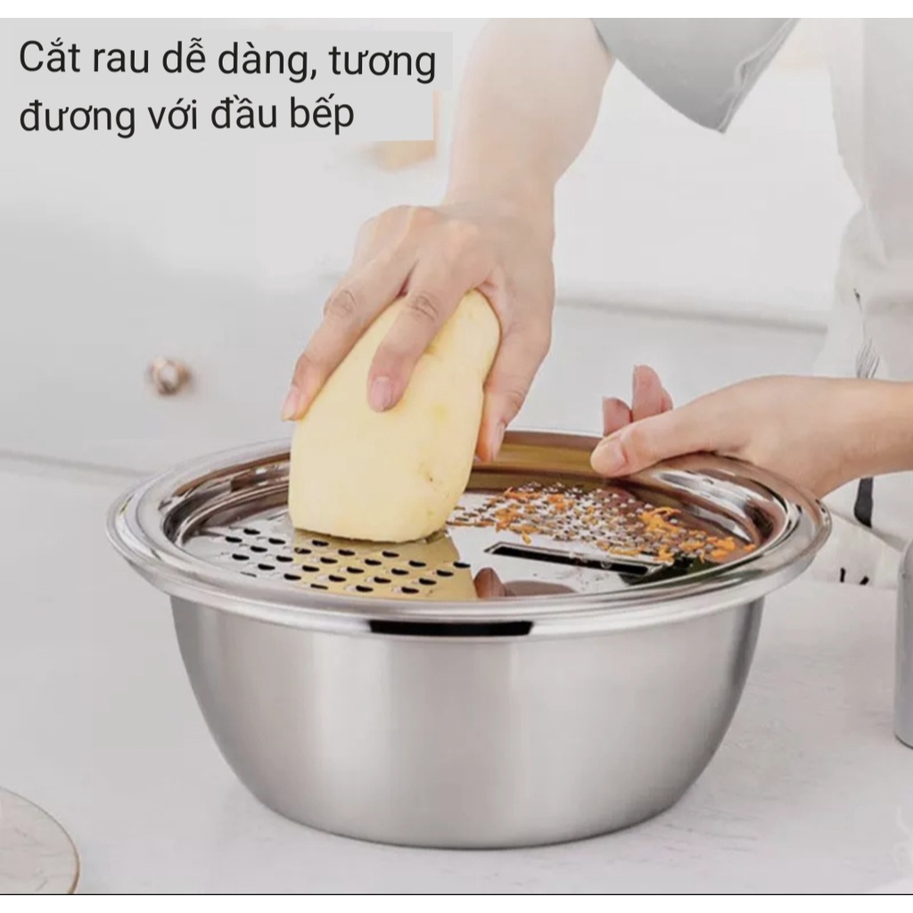 Bộ thau rổ bào rau củ quả inox 304 không rỉ - Set 3 món thau rổ bào