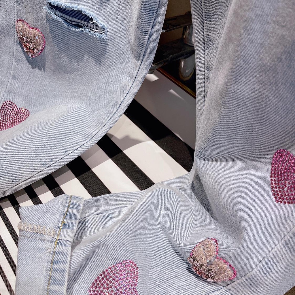 European 2022 spring new heavy industry nail bead love hole water washing light blue loose waist covering meat all kinds of daddy trousers