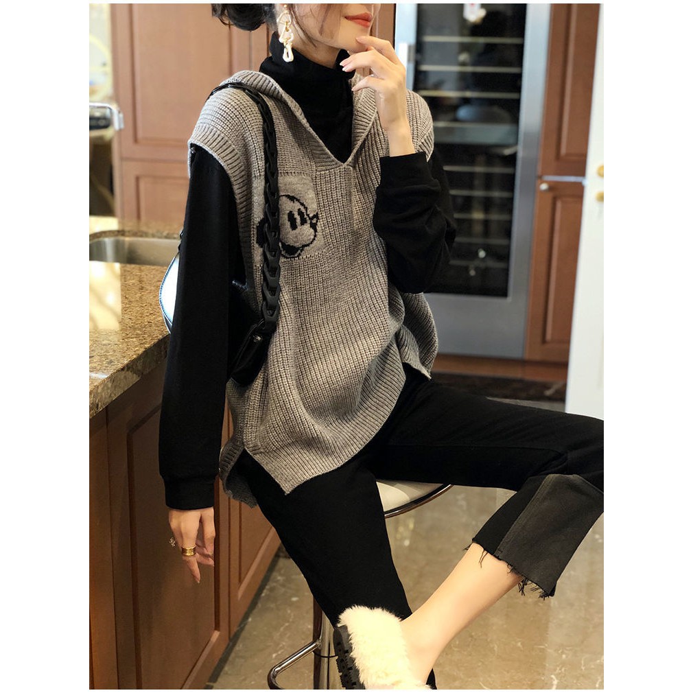 ▤℗✿Áo Sweater dệt kim sát nách có mũ trùm in hình chuột Mickey kiểu Châu Âu cá tính