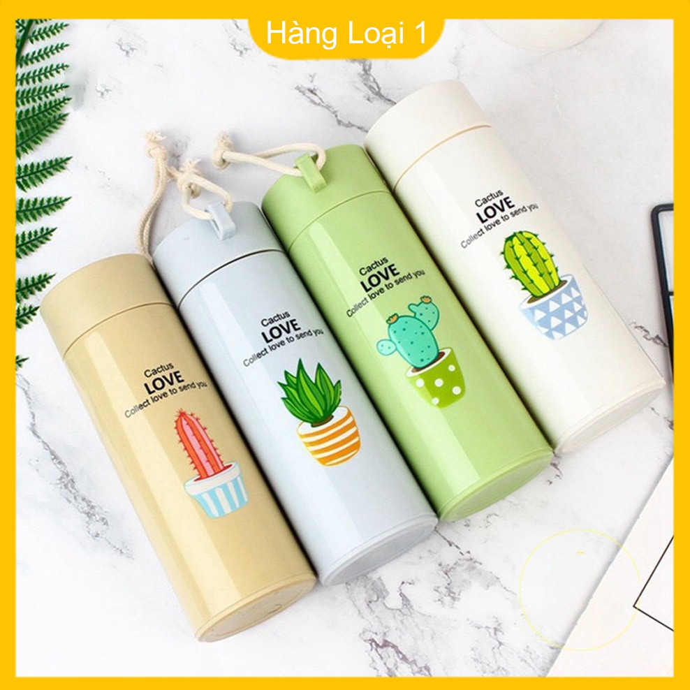 Bình đựng nước lõi thủy tinh họa tiết xương rồng dễ thương dung tích 400ml