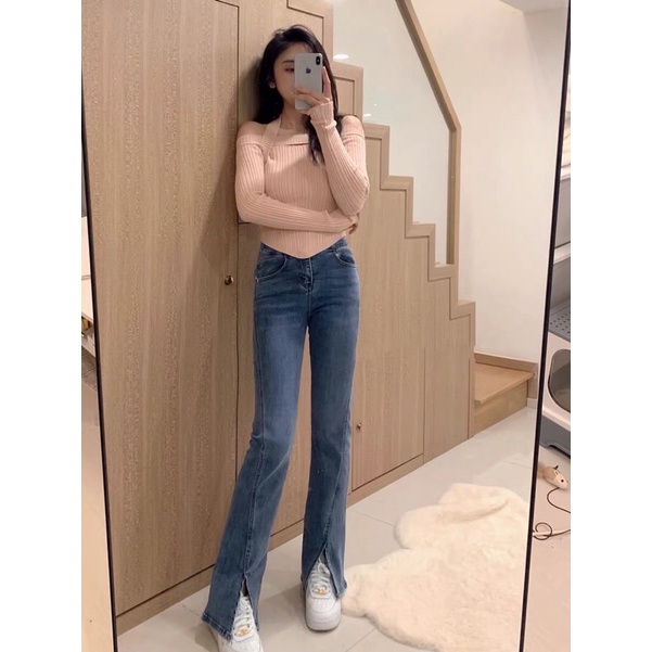 Quần jeans bò ống đứng cạp cao co dãn loe xẻ gấu phong cách Hàn Quốc
