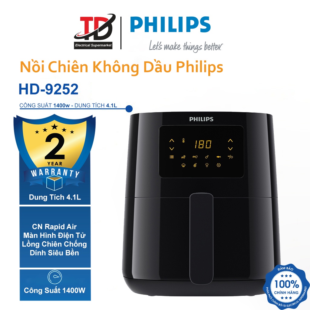 [Mã ELHAMS5 giảm 6% đơn 300K] Nồi Chiên Không Dầu Philips HD9252 - 4.1Lit/1400W - Bảo hành Chính Hãng 2 Năm