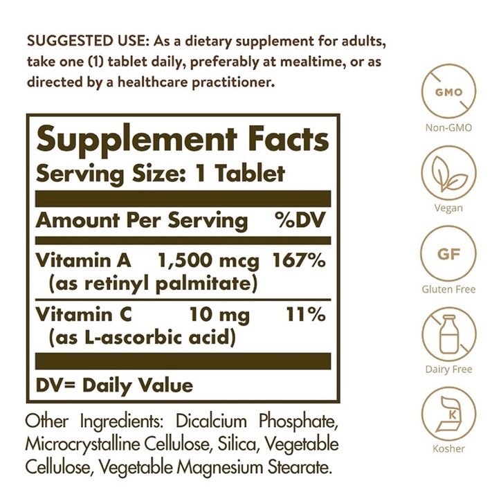 Viên chay Solgar Dry Vitamin A 1500 mcg (5000 IU) 100 viên USA