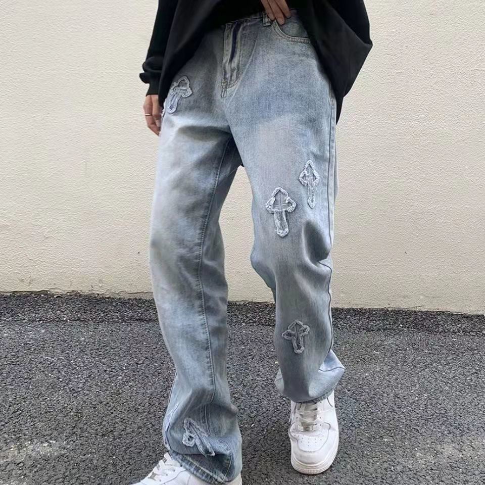 Quần jean lưng cao hoạ tiết chữ thập phong cách Âu Mỹ đường phố 2021