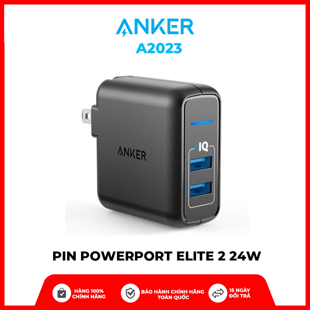 Cốc Sạc ANKER PowerPort Elite 2 cổng PIQ 24W Hàng chính hãng- A2023