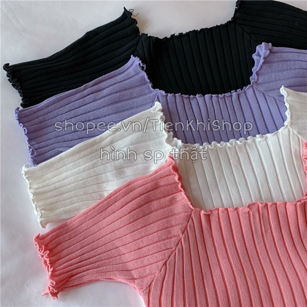 Áo len QC tay ngắn croptop bẹt vai cuốn biên